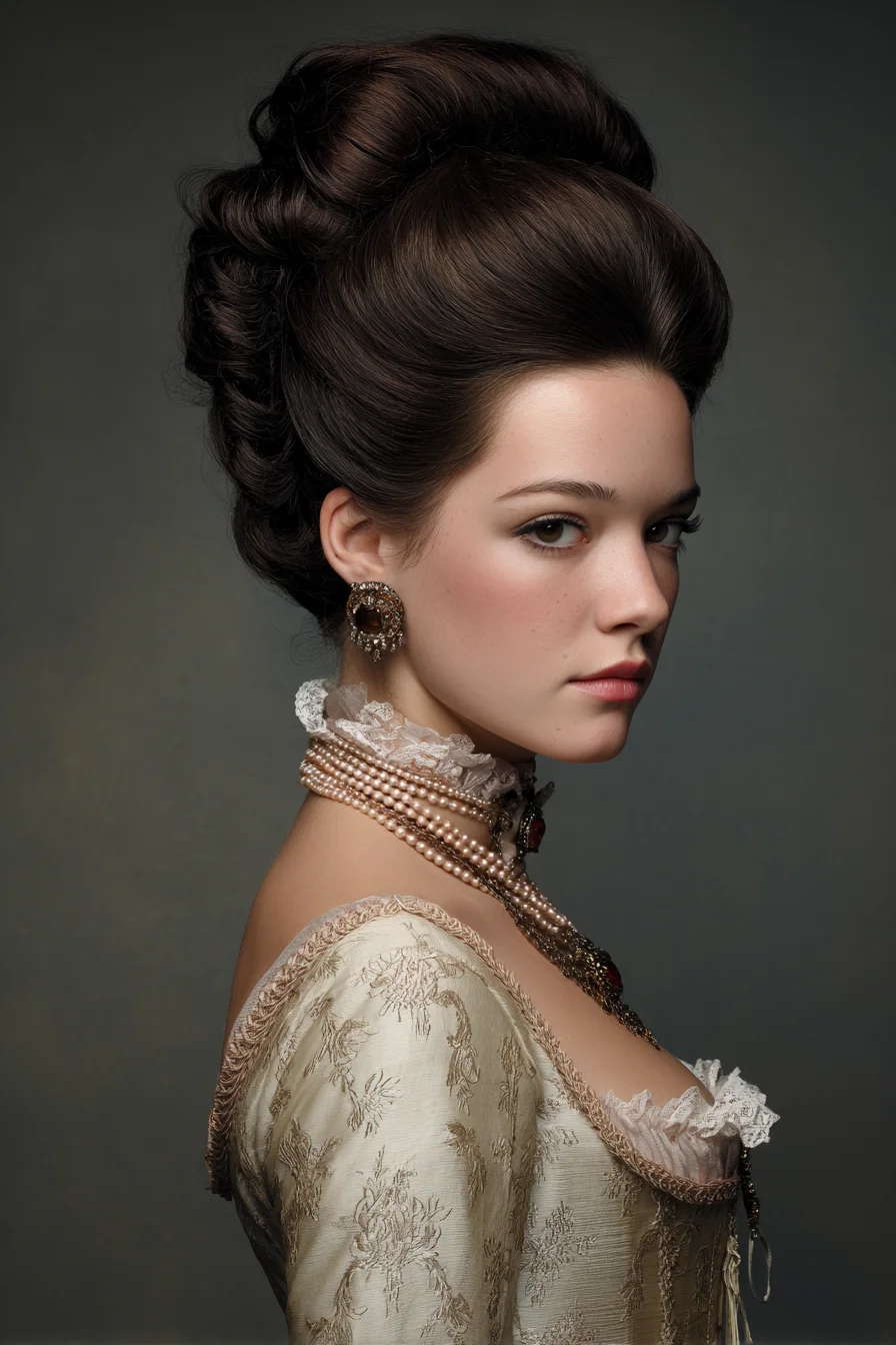 Victorian-Inspired High-Volume Updo with Pouf and Stacked Rolls