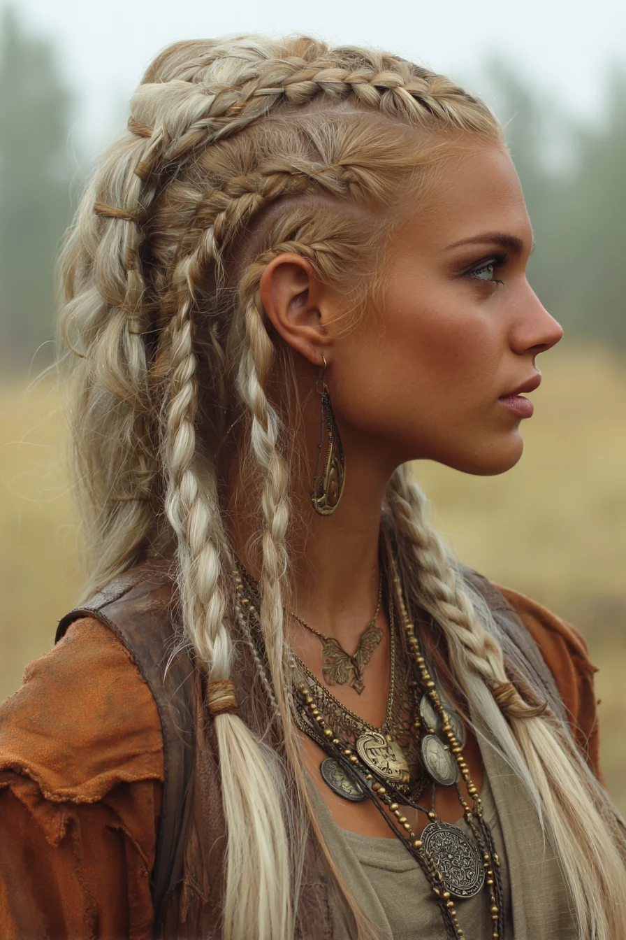 Viking‑Inspired Multi‑Braided Half‑Up Hairstyle with Wrapped Ends