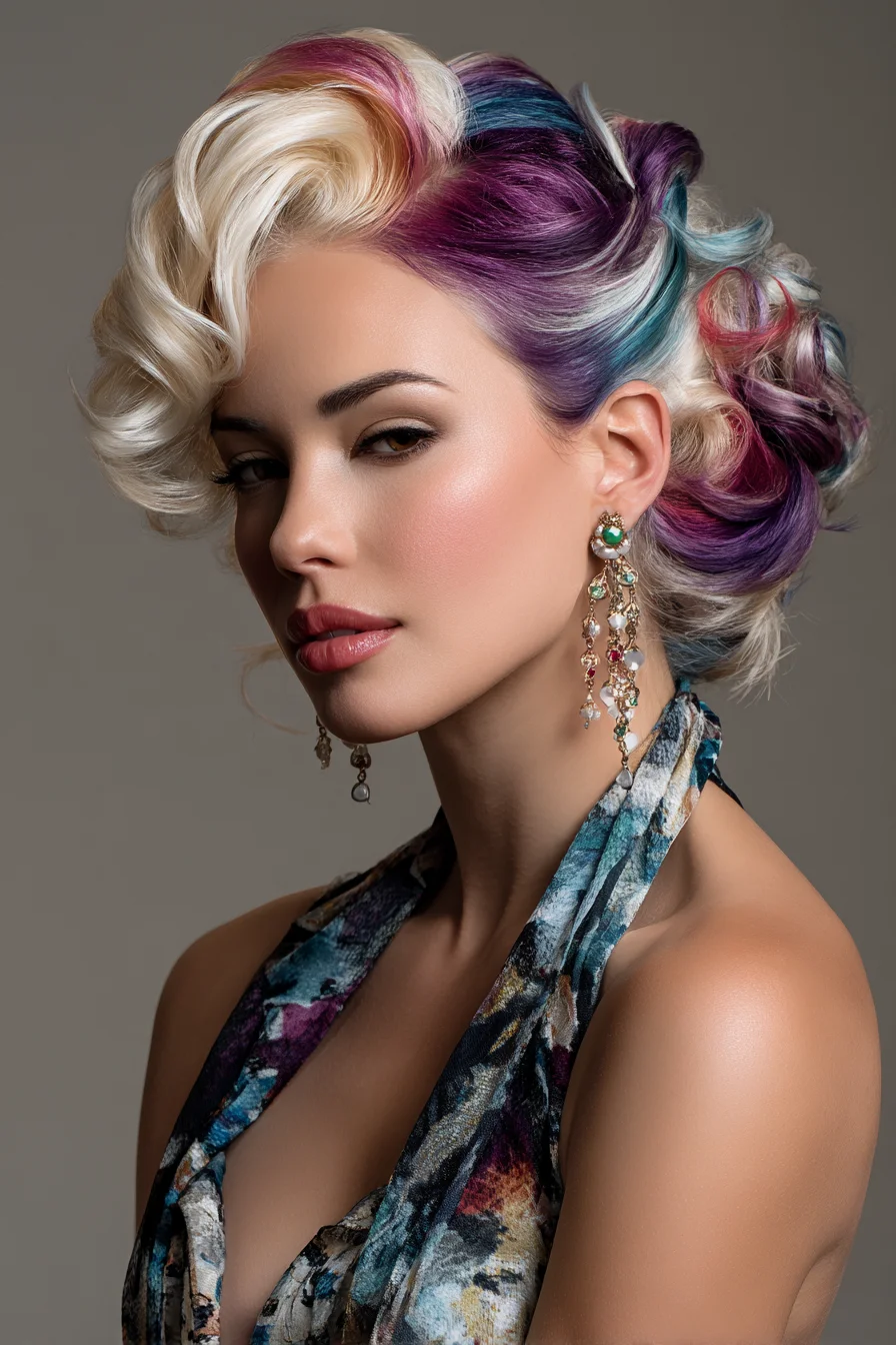 Vintage Pin‑Curl Updo with Multicolor Pastel and Platinum Accents