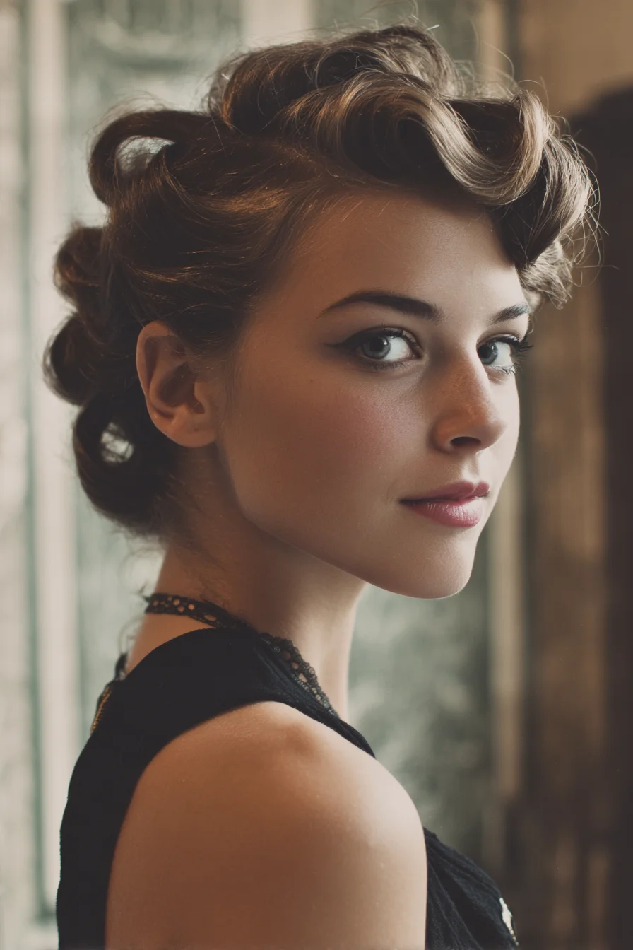 Vintage Pin‑Curl Updo with Rolled Bangs