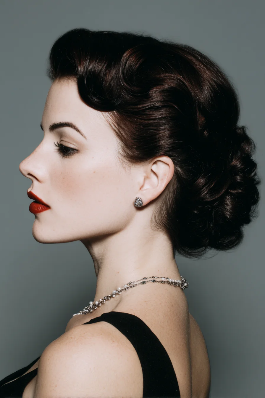 Vintage Sculpted Wave with Low Chignon — Retro Updo for Medium to Thick Hair