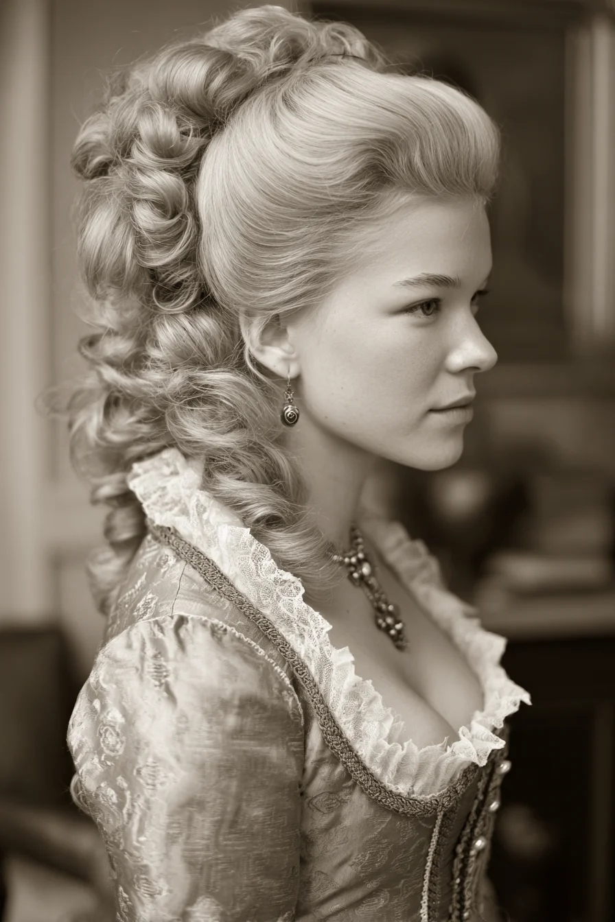 Vintage Voluminous Curled Updo with Pompadour and Cascading Ringlets