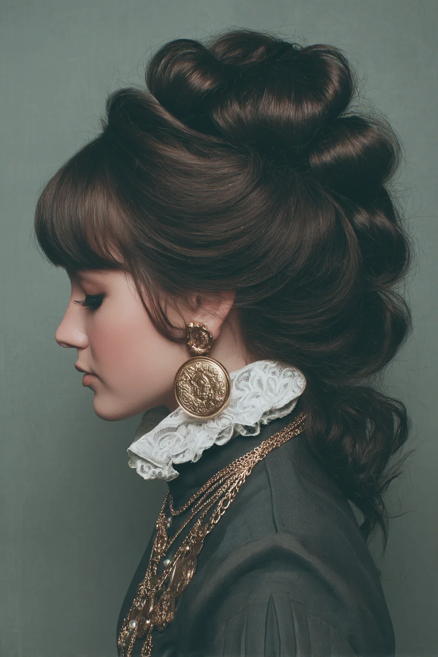 Vintage Voluminous Rolled Updo with Soft Fringe