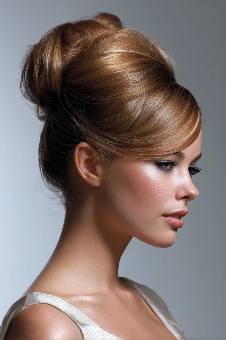 Voluminous Beehive Updo with Side-Swept Fringe