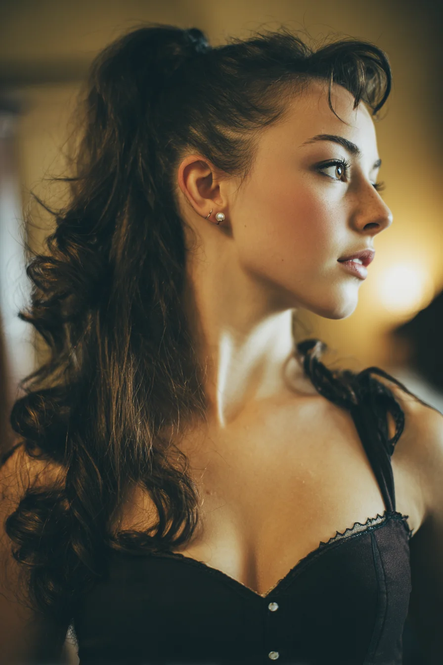 Voluminous Curled High Ponytail with Face‑Framing Fringe