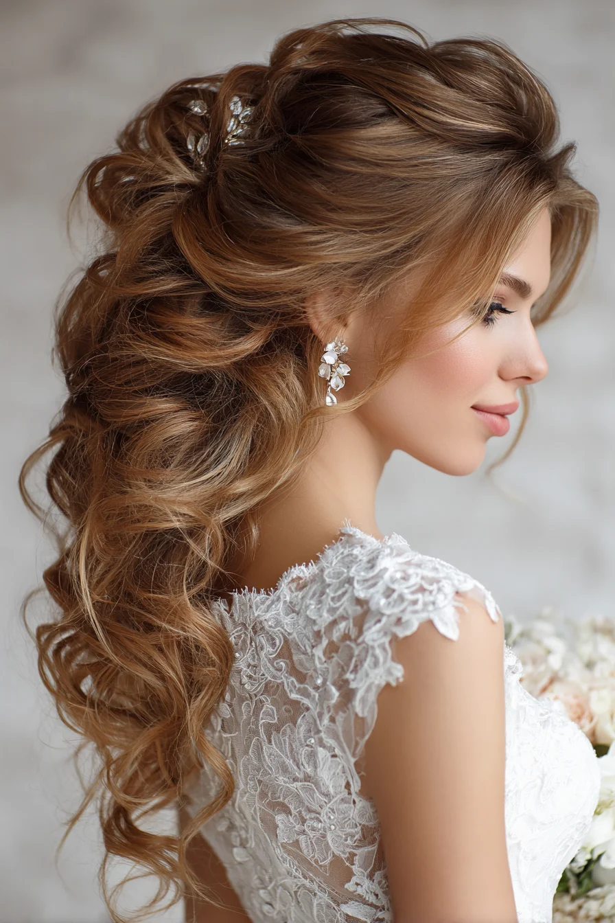 Voluminous Curly Half-Up Bridal Hairstyle with Cascading Waves