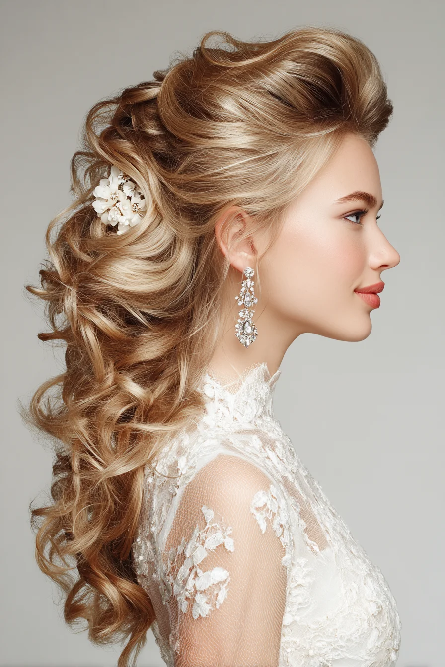 Voluminous Half-Up Bridal Curls with Bouffant and Floral Accent