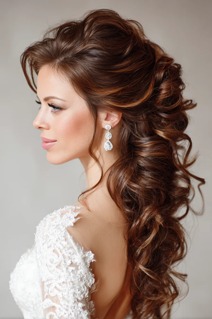 Voluminous Half-Up Bridal Curls with Cascading Side Sweep