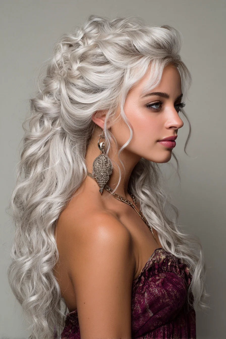 Voluminous Half-Up Textured Waves with Face-Framing Tendrils