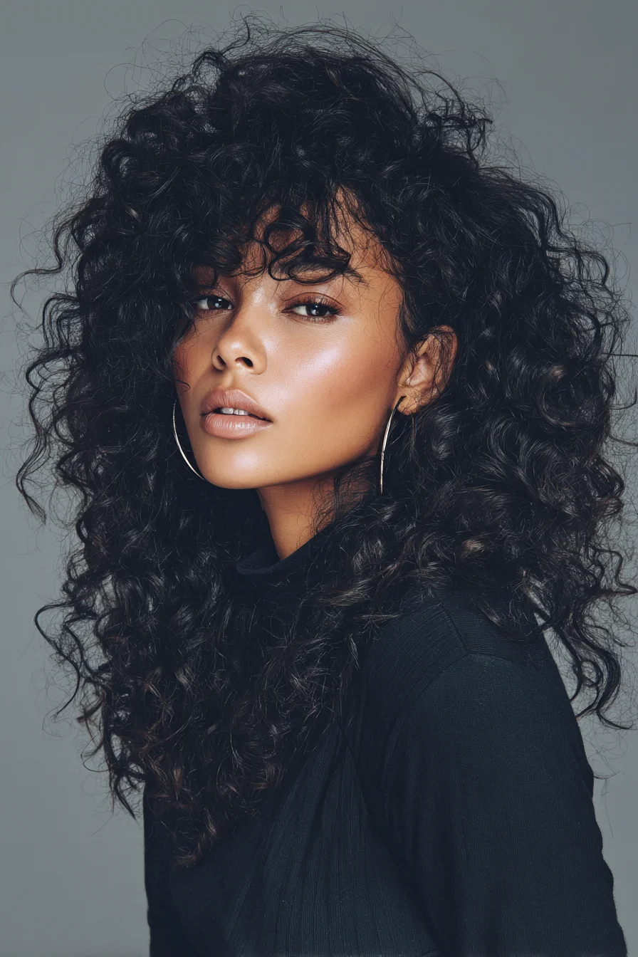 Voluminous Layered Curly Cut with Soft Curtain Bangs — Natural Texture Style