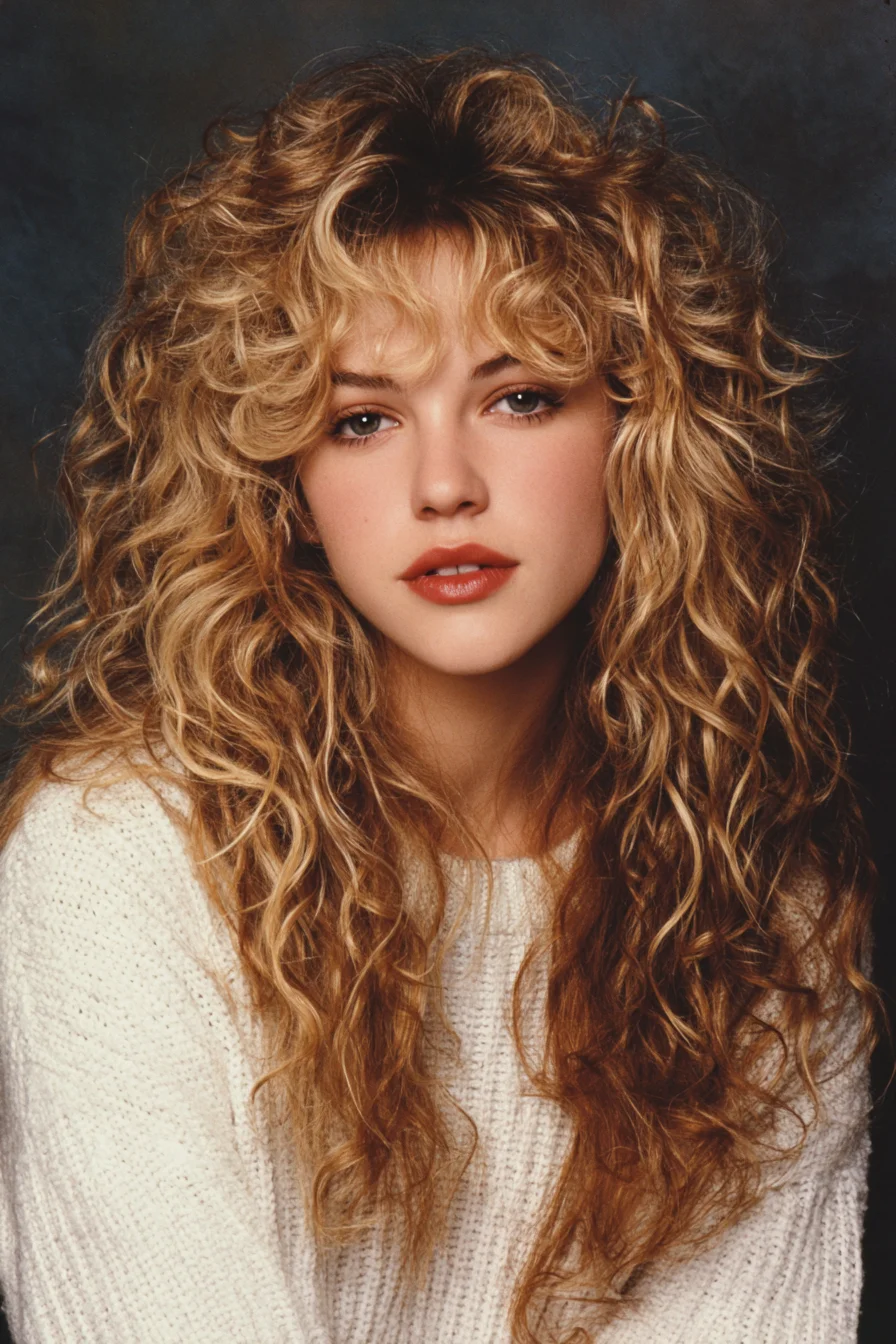 Voluminous Layered Curly Hair with Curtain Bangs
