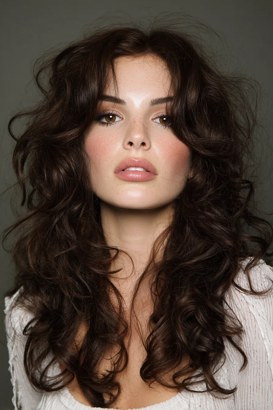 Voluminous Layered Cut with Curtain Bangs and Soft Tousled Curls