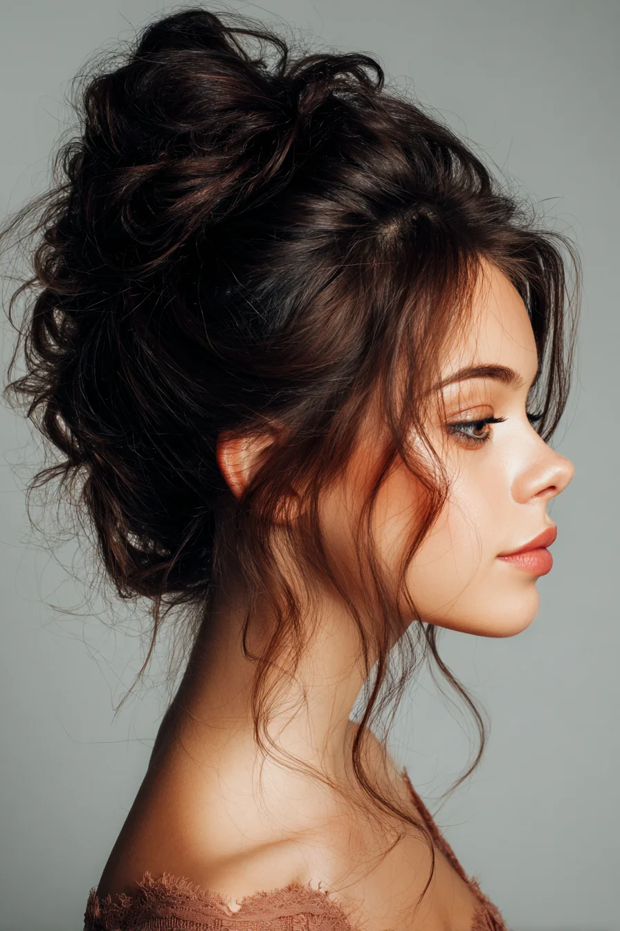 Voluminous Messy Updo with Face‑Framing Tendrils