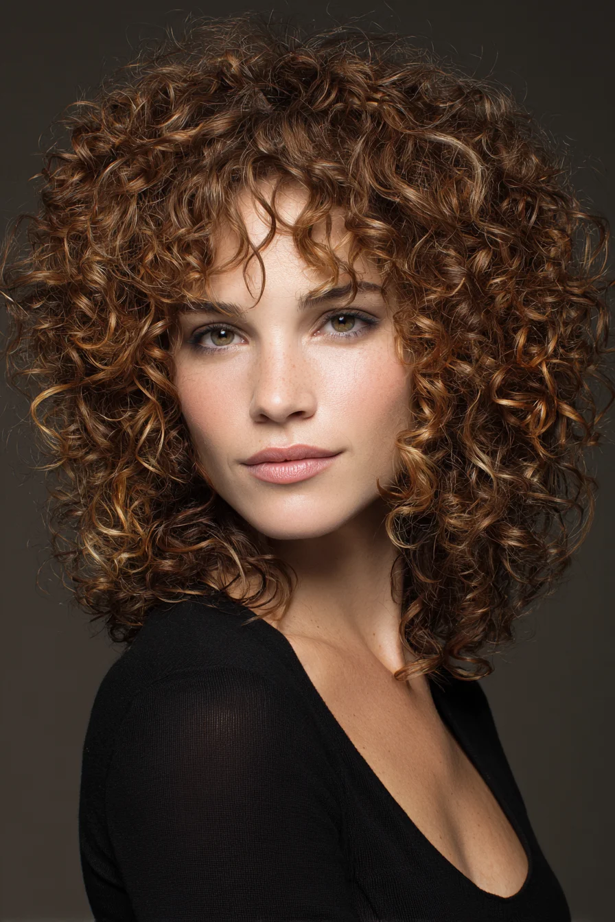 Voluminous Mid-Length Curly Layers with Soft Curtain Bangs