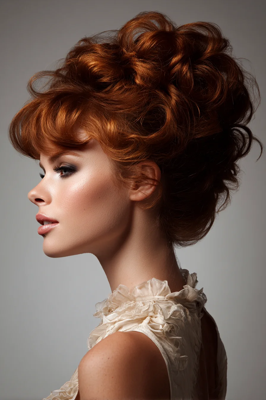 Voluminous Romantic Curly Updo with Soft Fringe