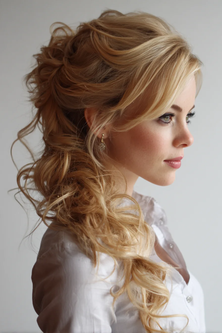 Voluminous Romantic Side Pony with Soft Cascading Curls