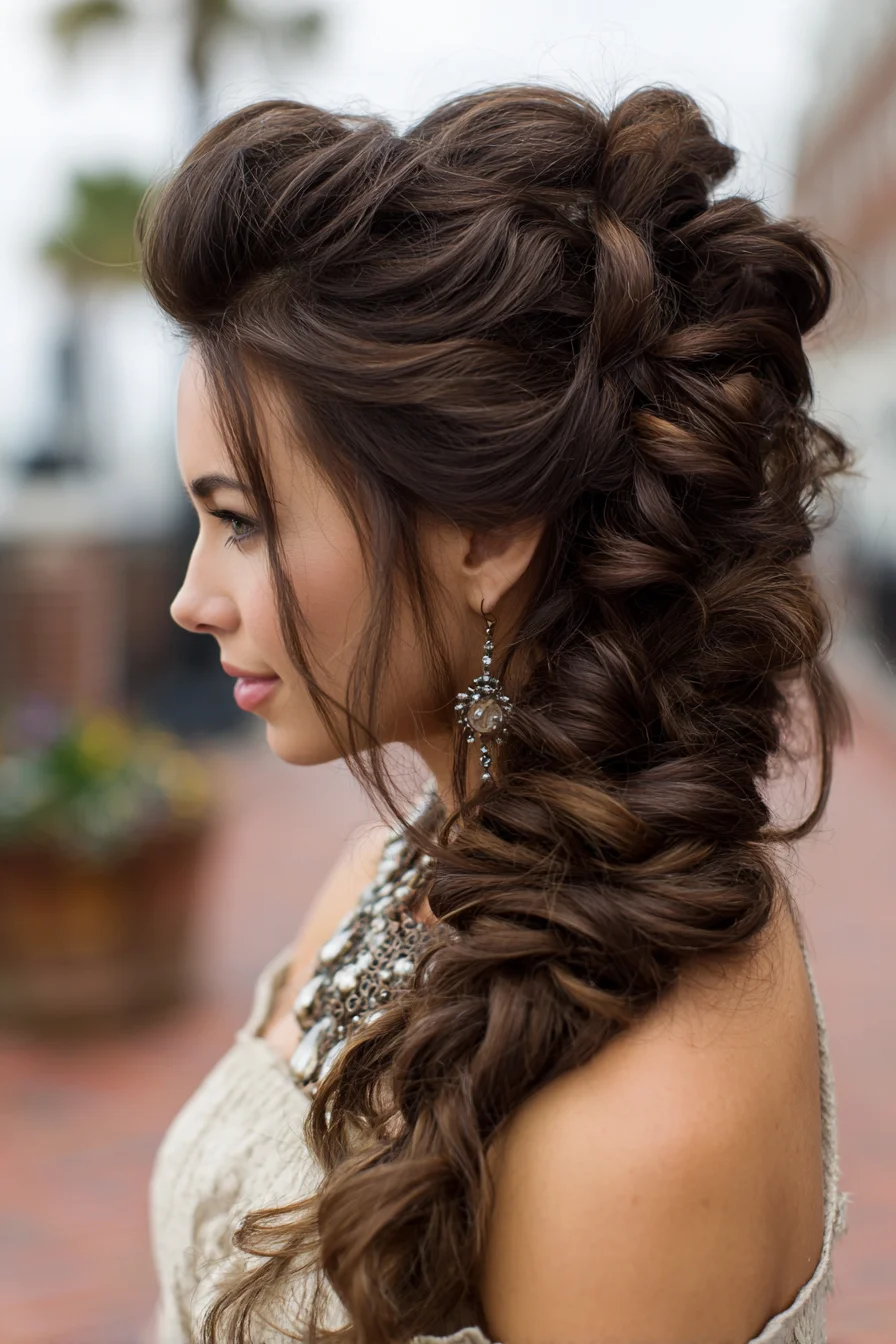 Voluminous Side Fishtail Braid Updo with Textured Waves