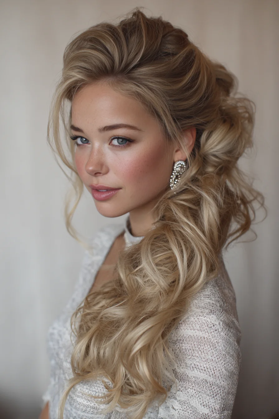 Voluminous Side‑Swept Half‑Up Bouffant with Romantic Cascading Curls