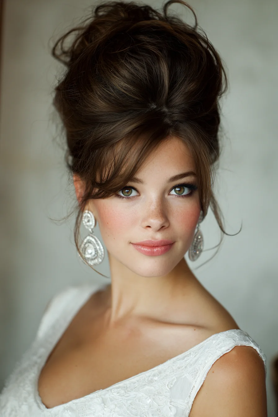 Voluminous Teased Updo with Soft Face-Framing Bangs