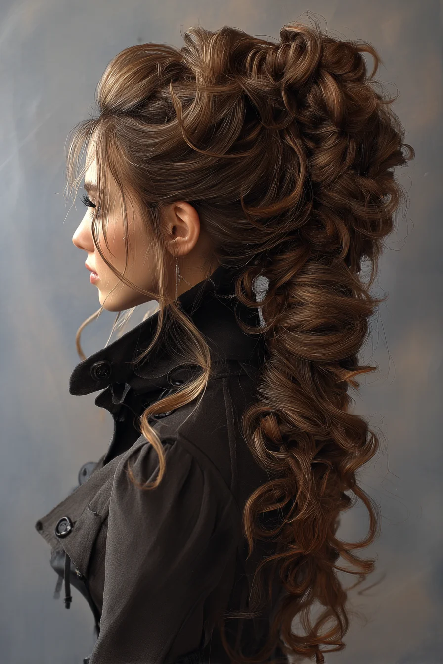 Voluminous Textured Curly High Ponytail with Face‑Framing Tendrils
