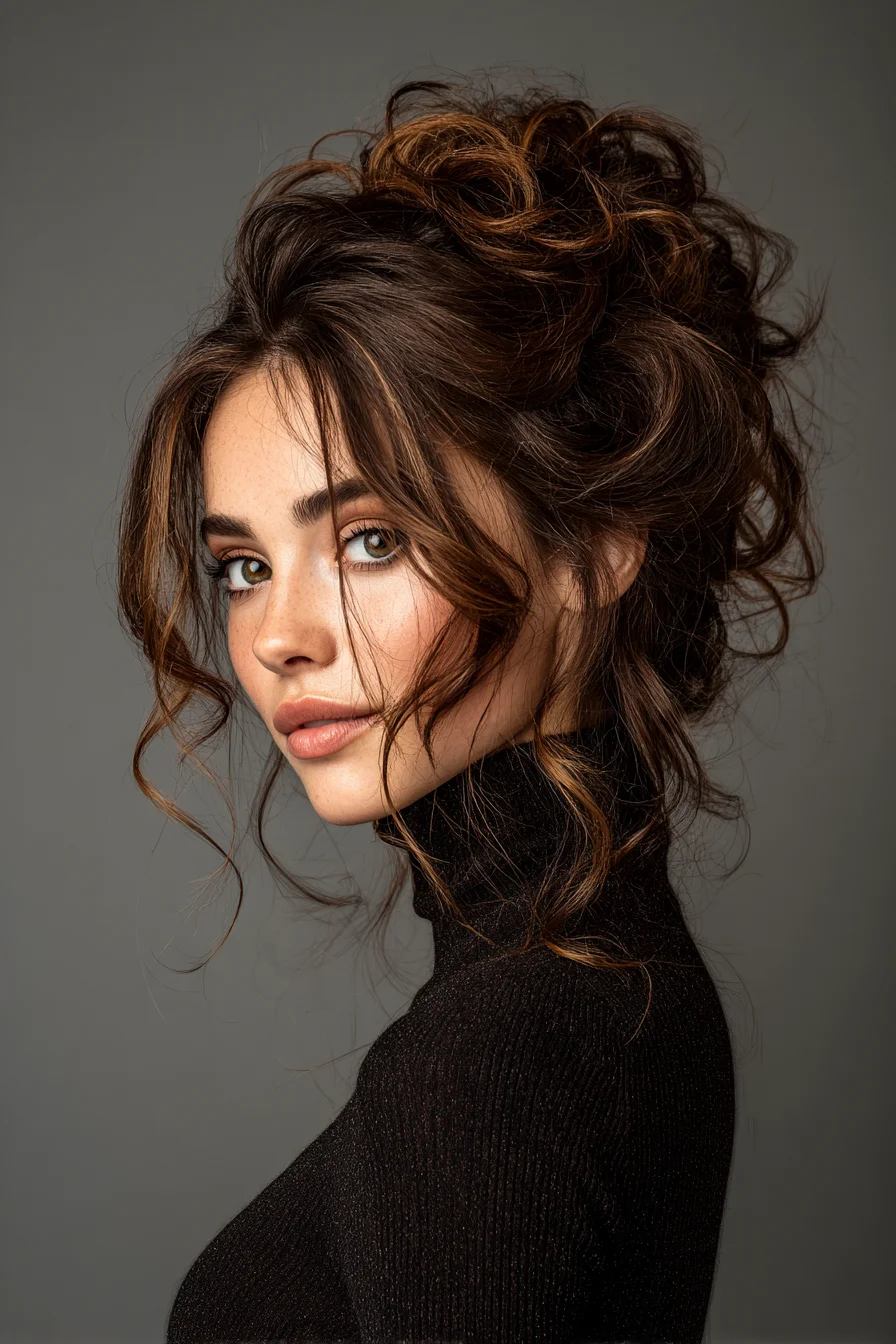 Voluminous Textured Messy Updo with Face‑Framing Tendrils