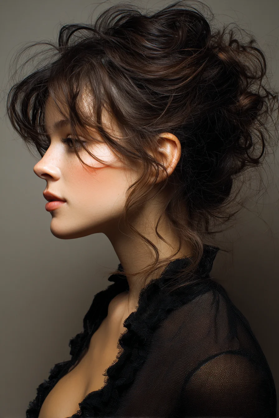 Voluminous Textured Messy Updo with Soft Face‑Framing Tendrils