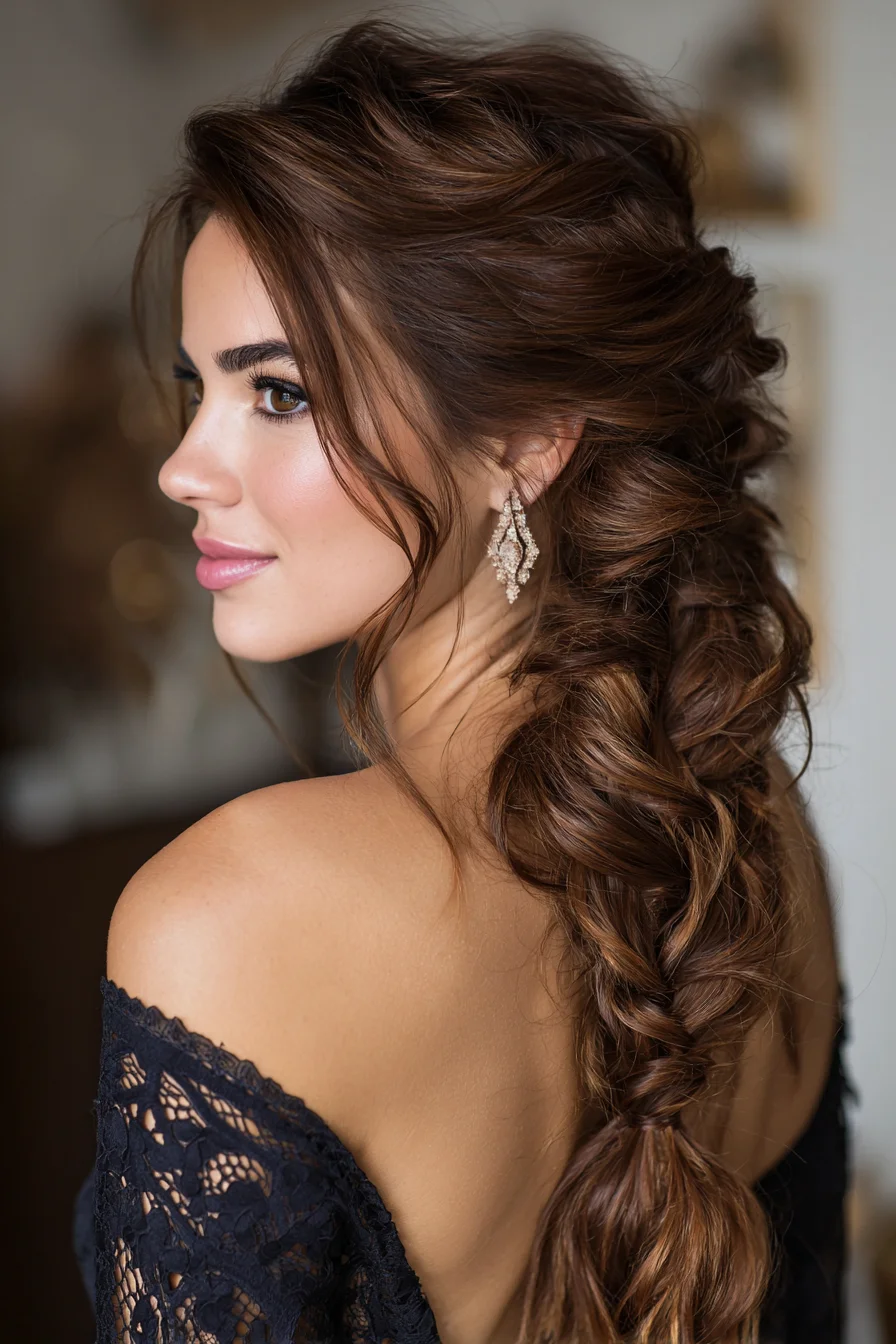 Voluminous Textured Side Braid with Face‑Framing Tendrils