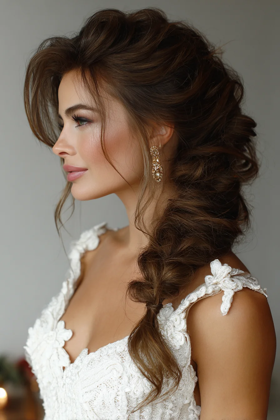 Voluminous Textured Side Braid with Face‑Framing Tendrils