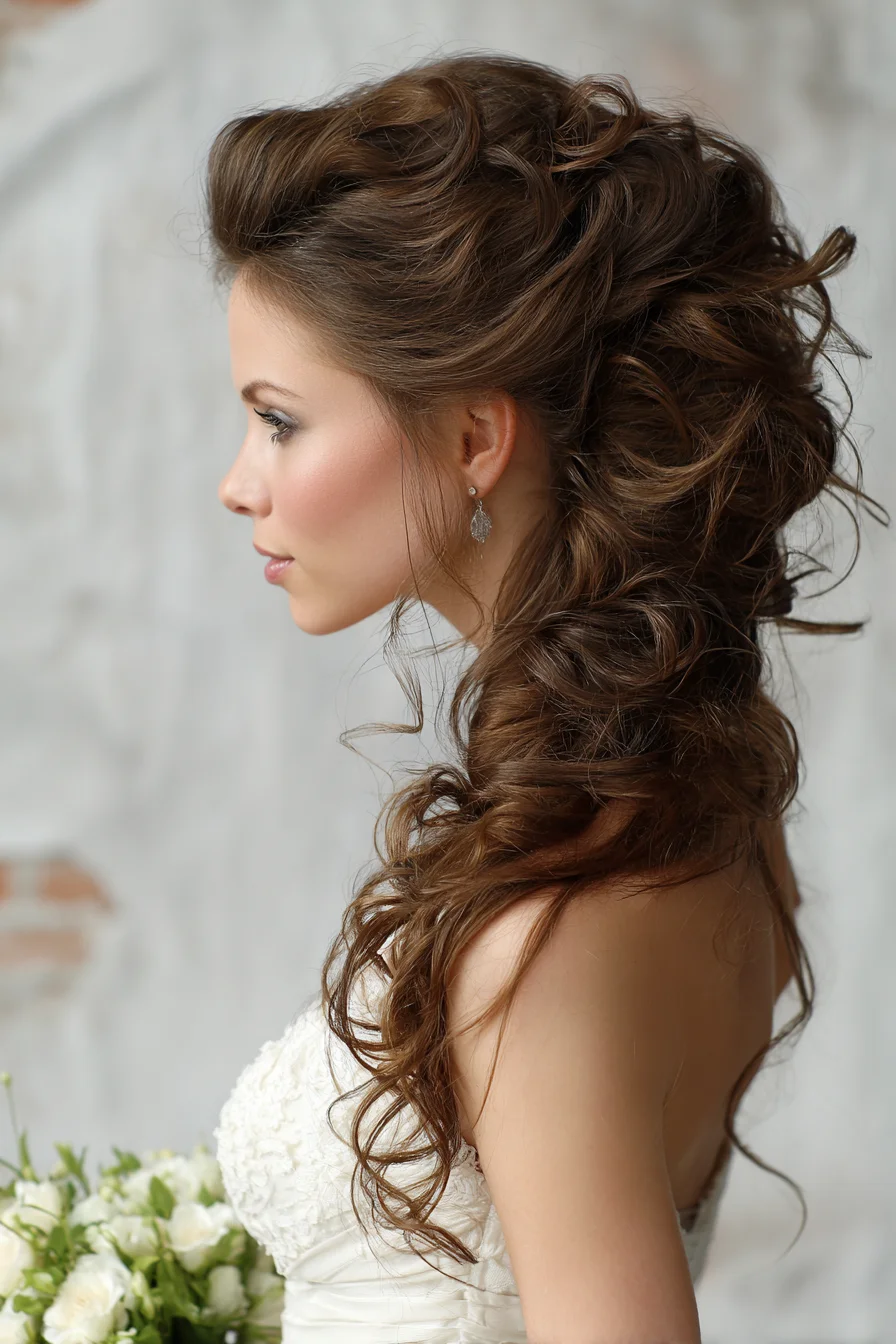 Voluminous Textured Side-Swept Bridal Half-Up with Loose Curls