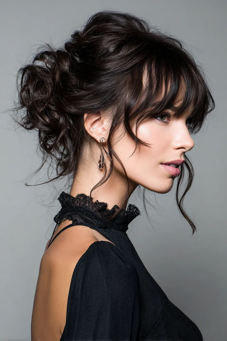 Voluminous Tousled Updo with Curtain Bangs and Face‑Framing Tendrils