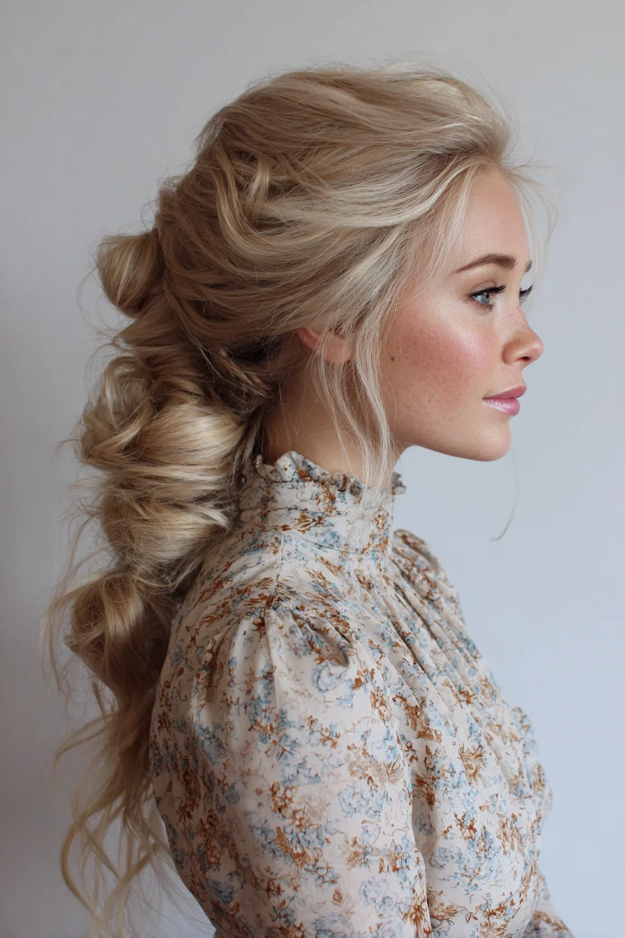 Voluminous Twisted Low Ponytail with Soft Face‑Framing Tendrils