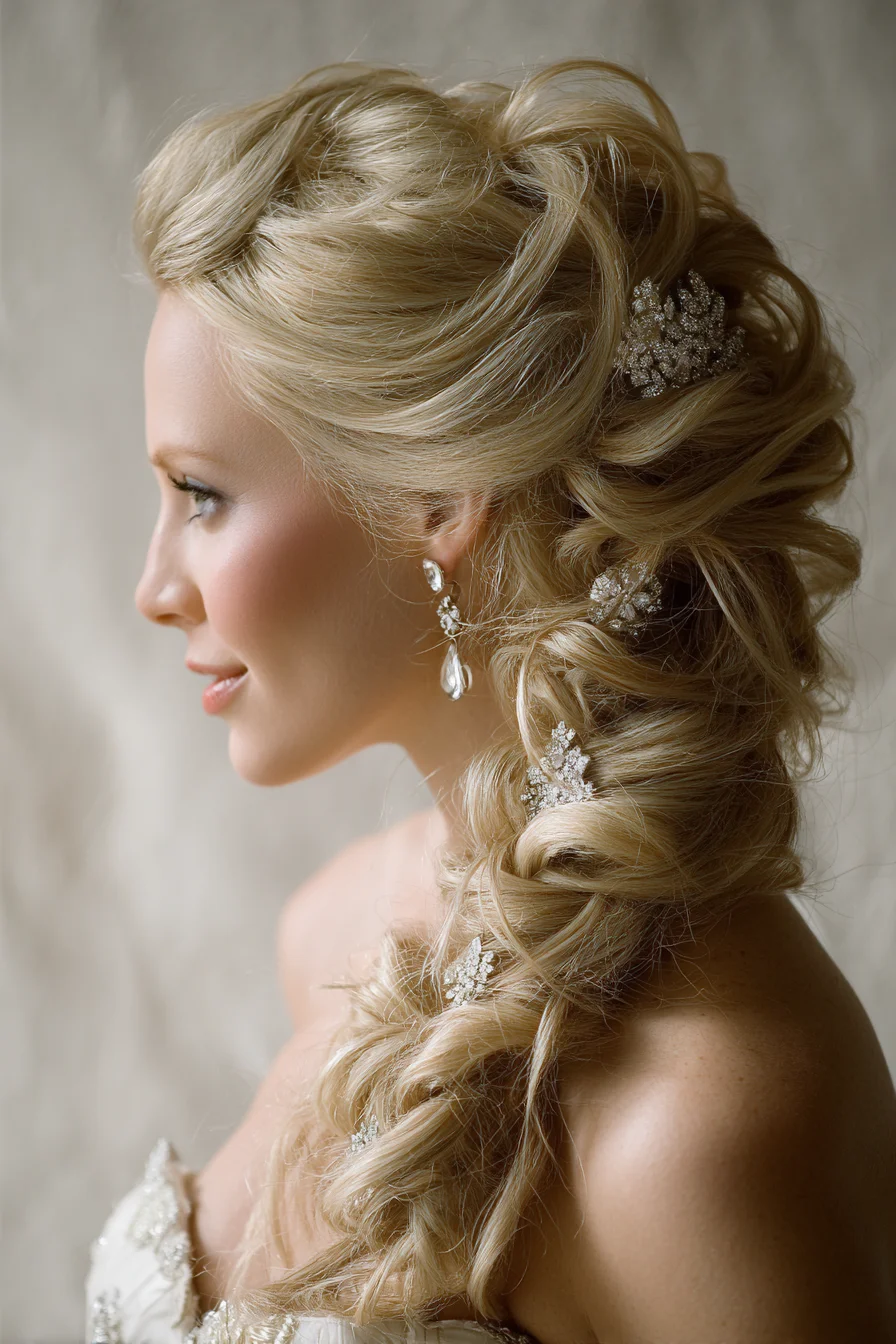 Voluminous Twisted Side Braid with Jeweled Accent — Bridal Hairstyle
