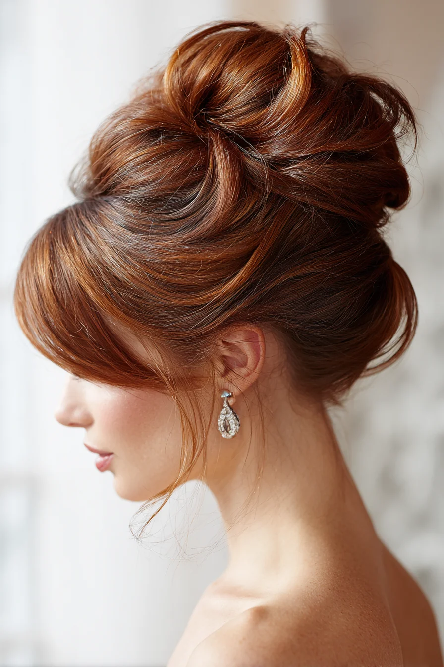 Voluminous Twisted Updo with Side-Swept Fringe