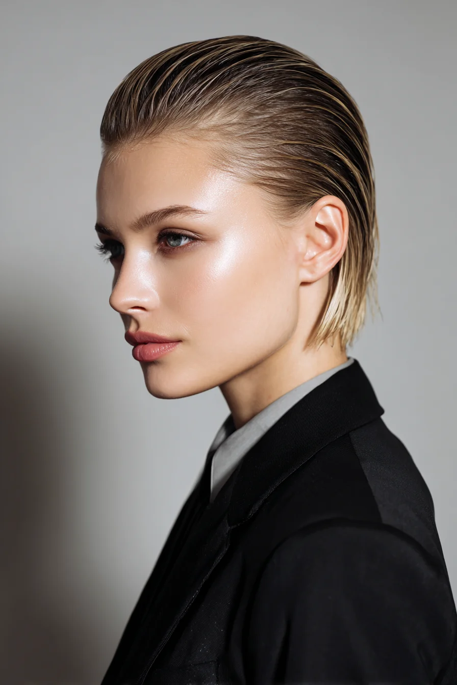 Wet-Look Slicked-Back Short Bob — Sleek, Glossy Texture