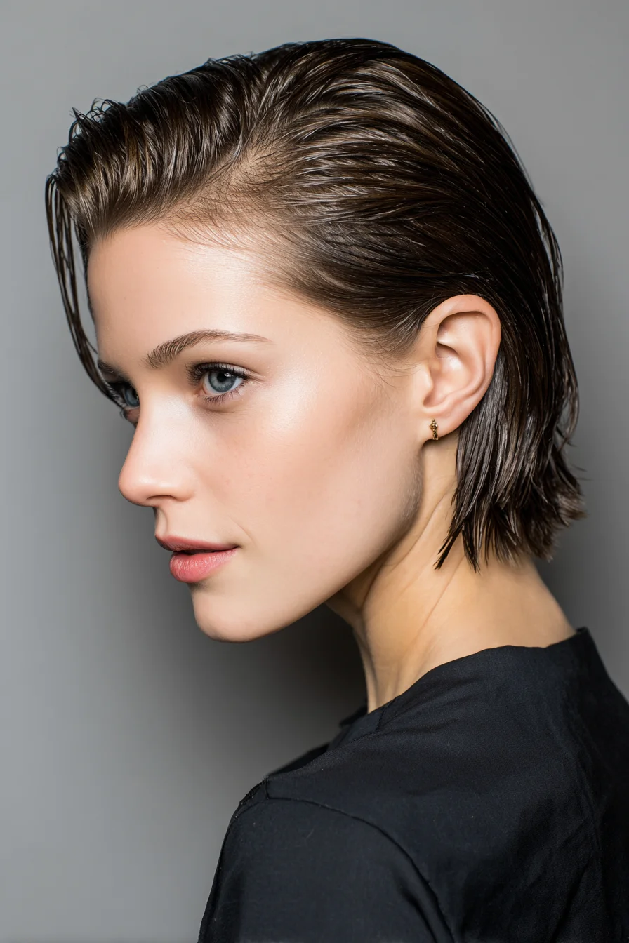 Wet‑Look Slicked‑Back Short Bob — Textured Chin‑Length Style
