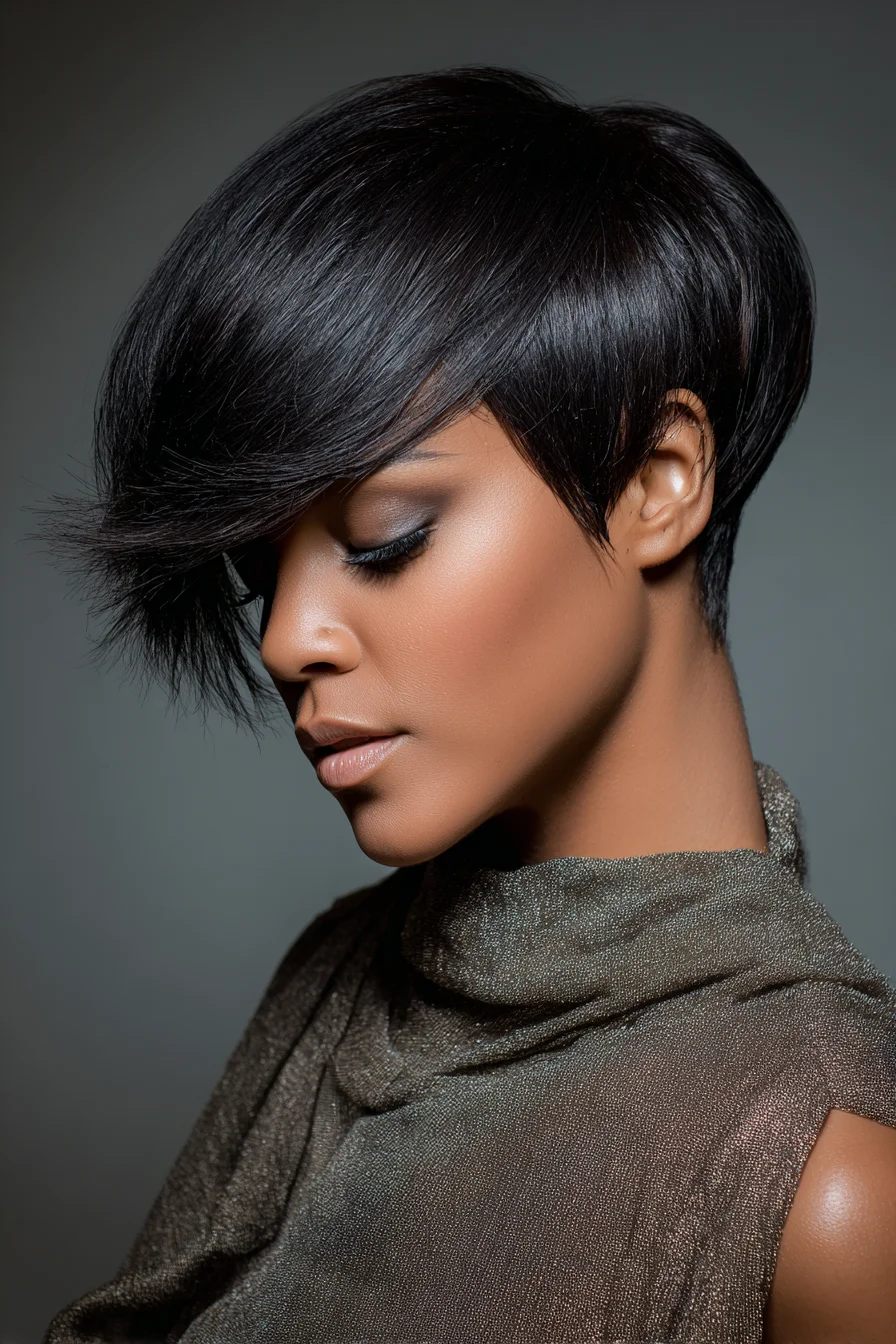 Asymmetric Sleek Pixie with Long Side‑Swept Fringe