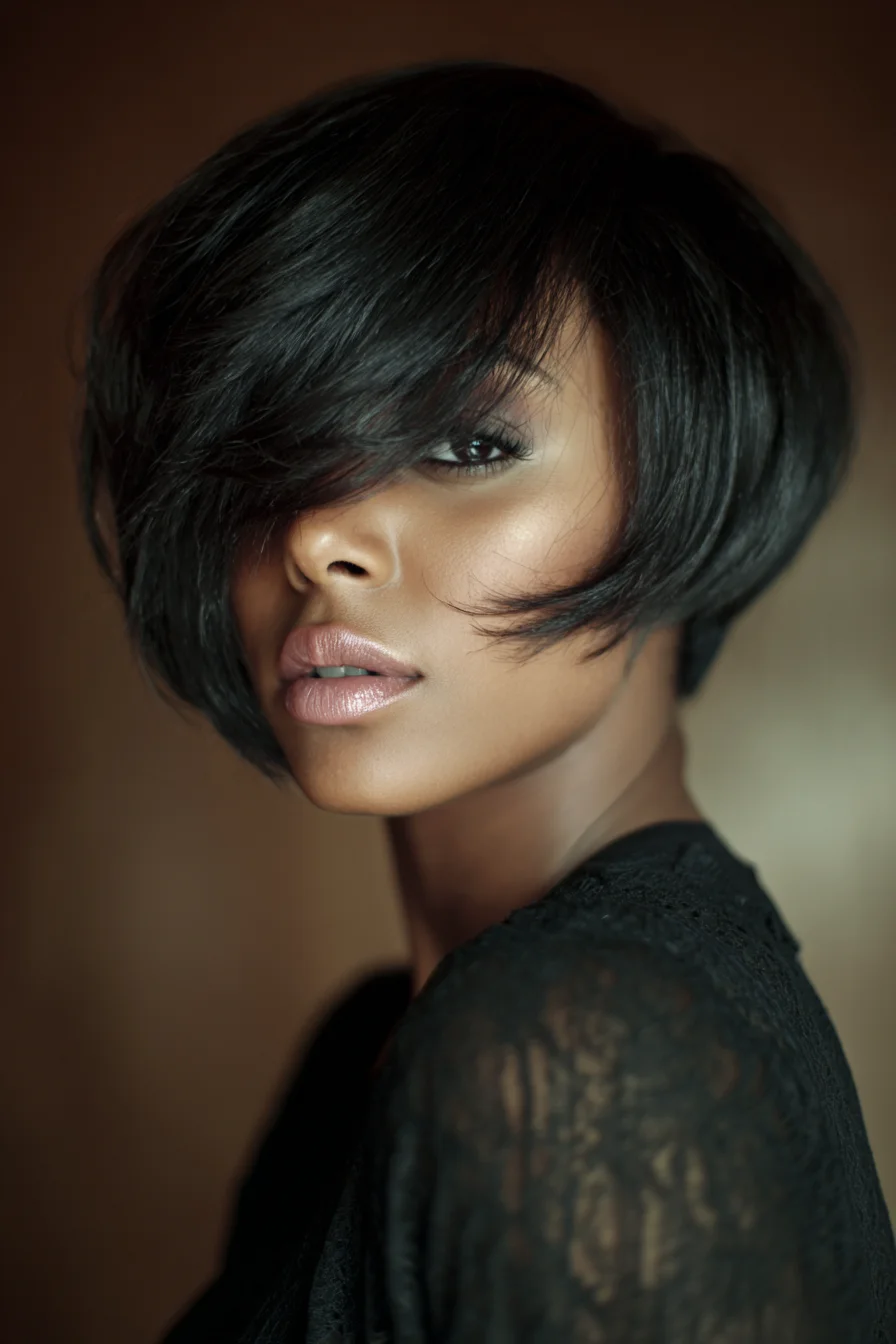 Asymmetrical Angled Bob with Deep Side‑Swept Fringe