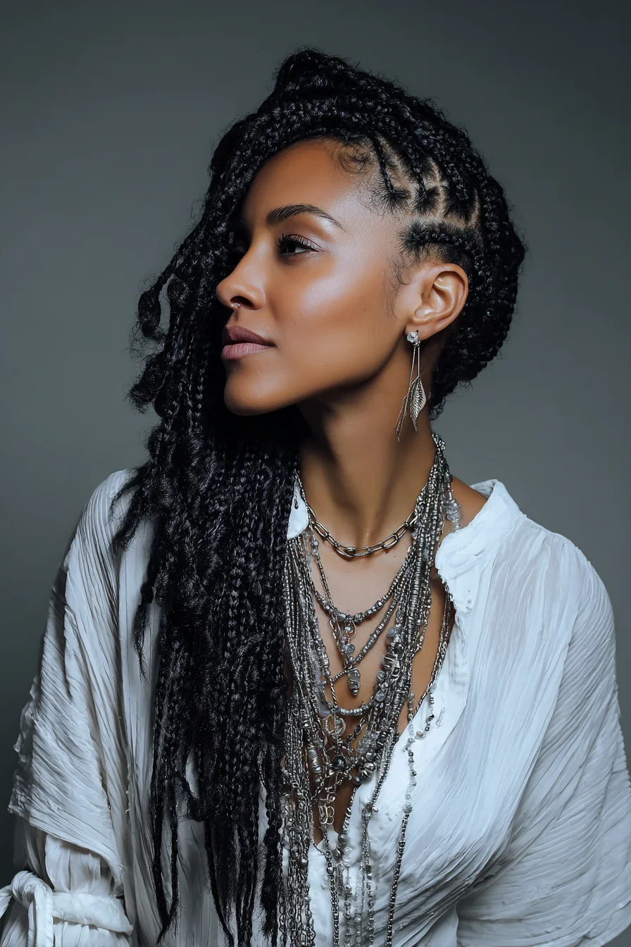 Asymmetrical Side‑Swept Micro Braids with Cornrow Detail