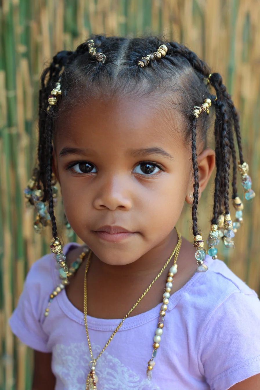 Beaded Individual Braids with Gold Cuffs — Neat Cornrow Parting