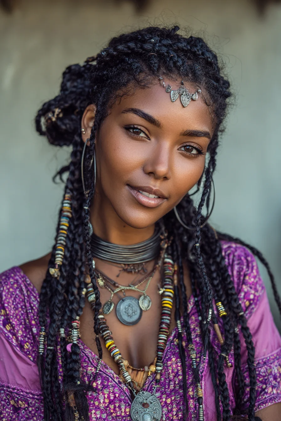 Bohemian Long Micro Braids with Beaded Accents and Half‑Up Knot