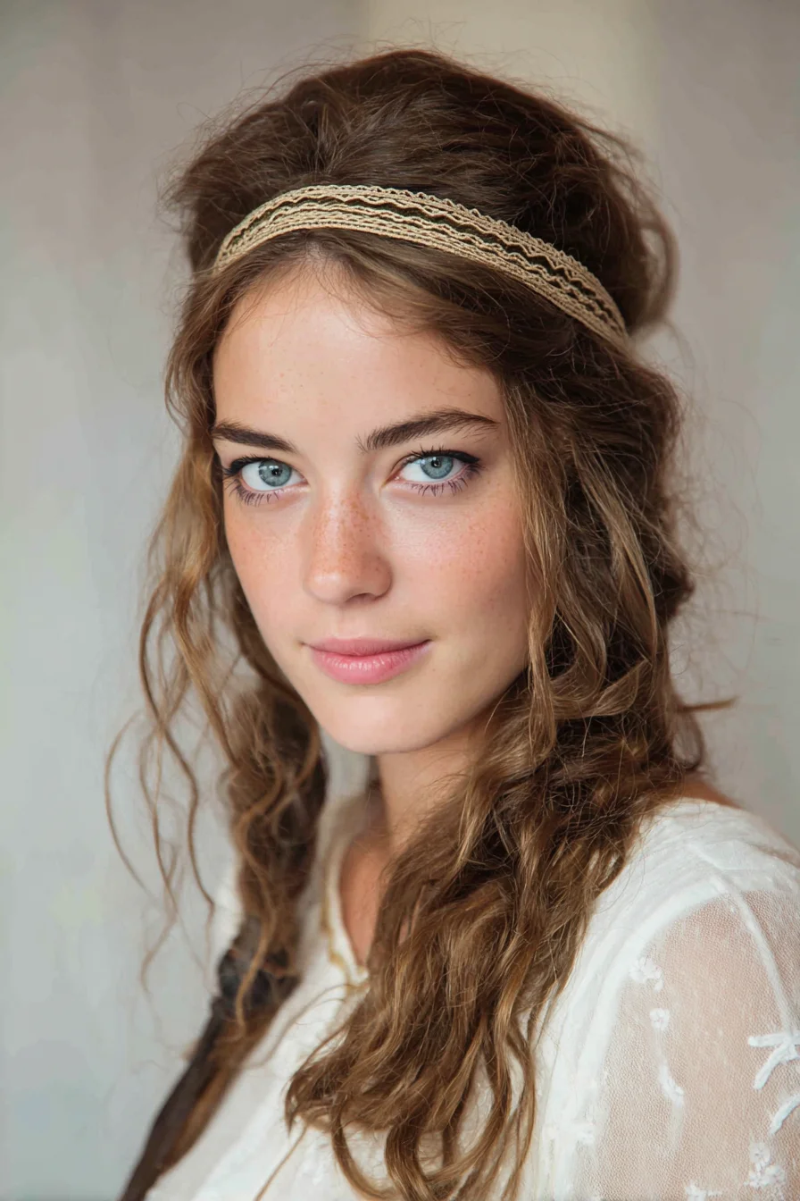 Bohemian Textured Half‑Up Waves with Lace Headband