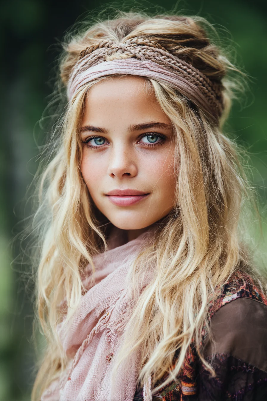 Boho Braided Crown with Loose Beach Waves and Fabric Headband