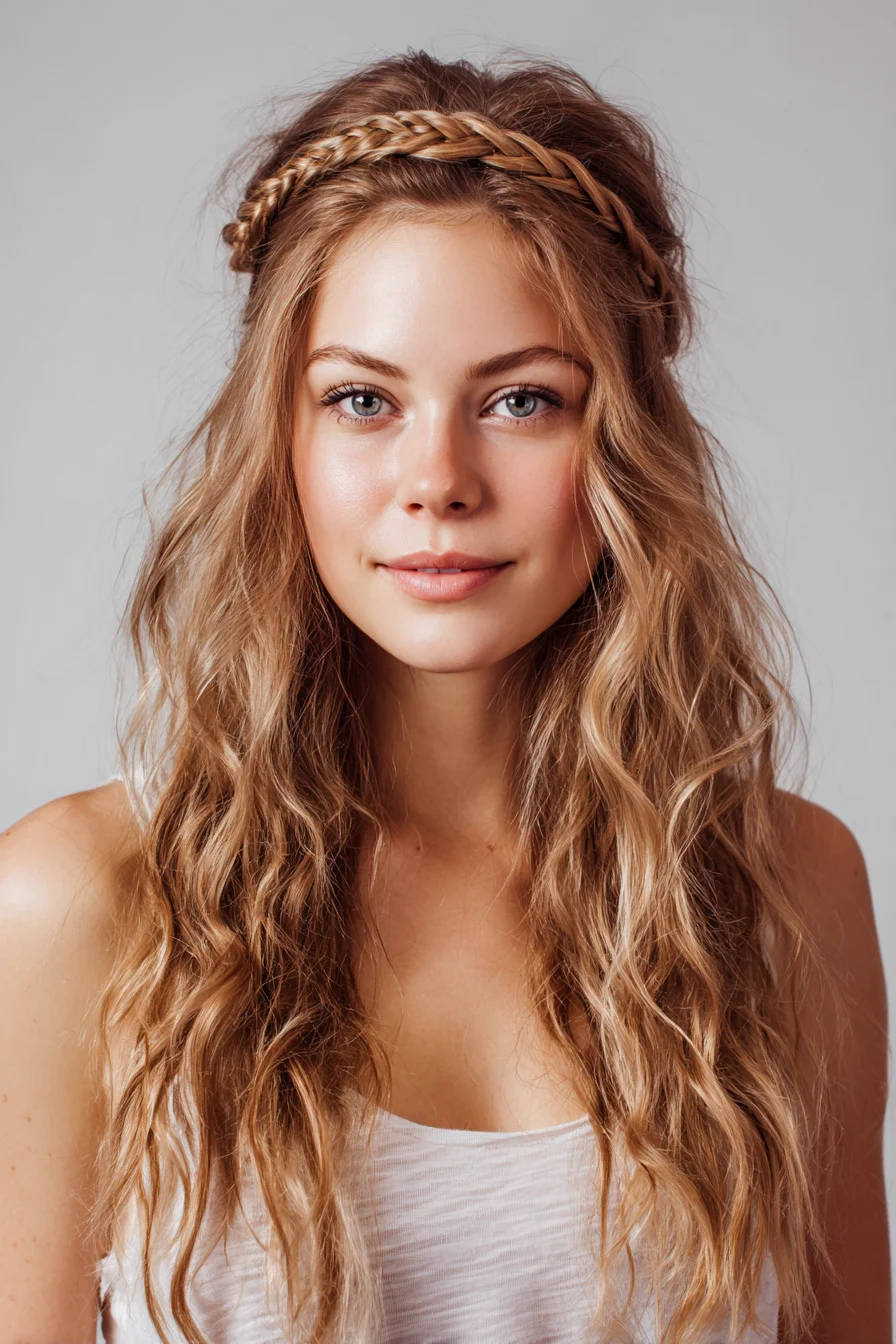 Boho Braided Crown with Loose Beach Waves