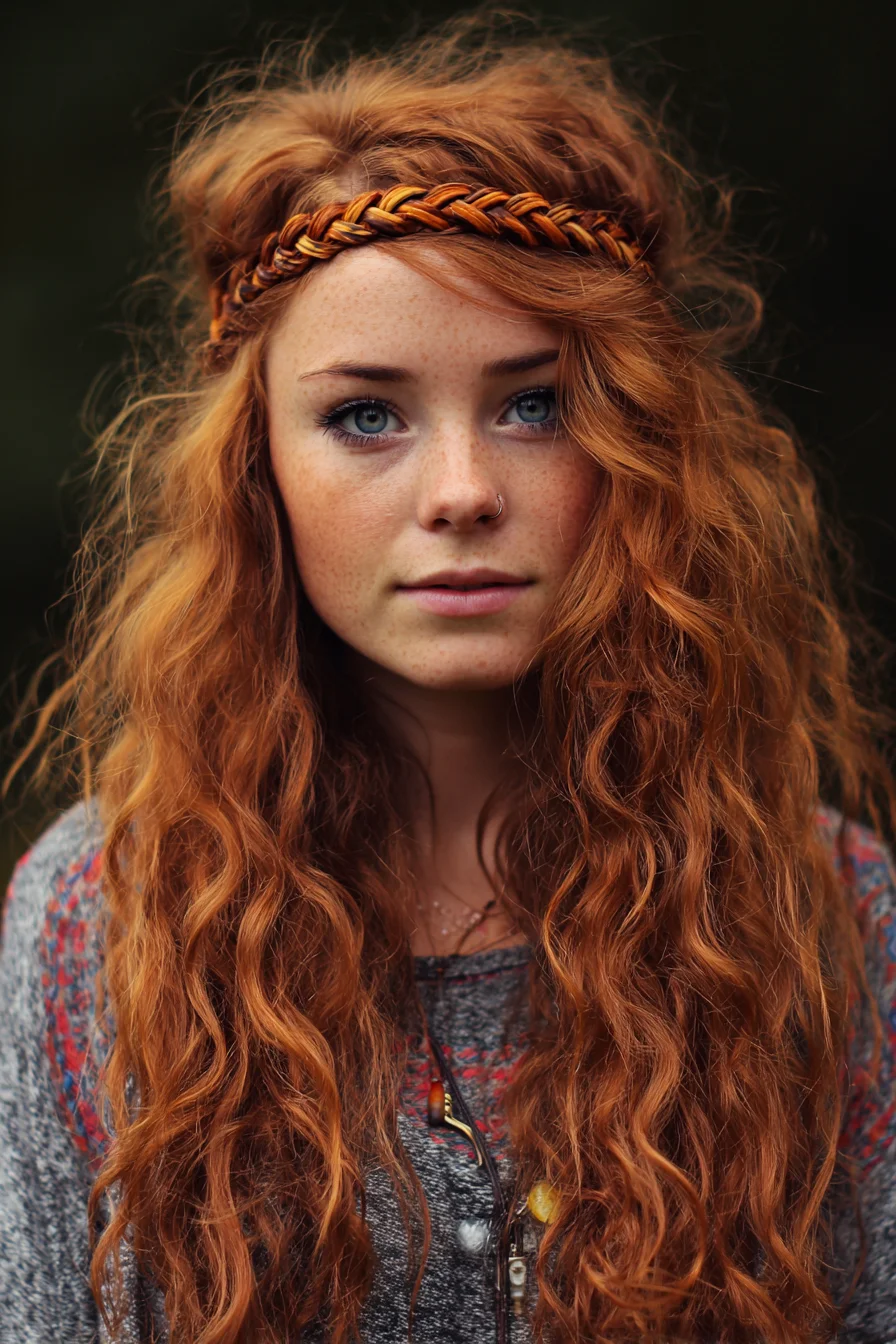 Boho Braided Headband with Loose Beachy Waves — Long Curly/Wavy Hair