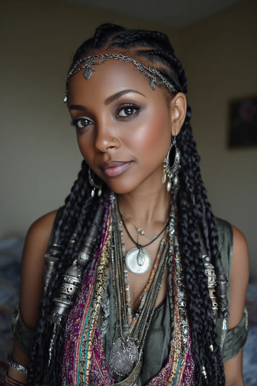 Boho Cornrow Crown with Long Micro Braids and Beaded Wraps