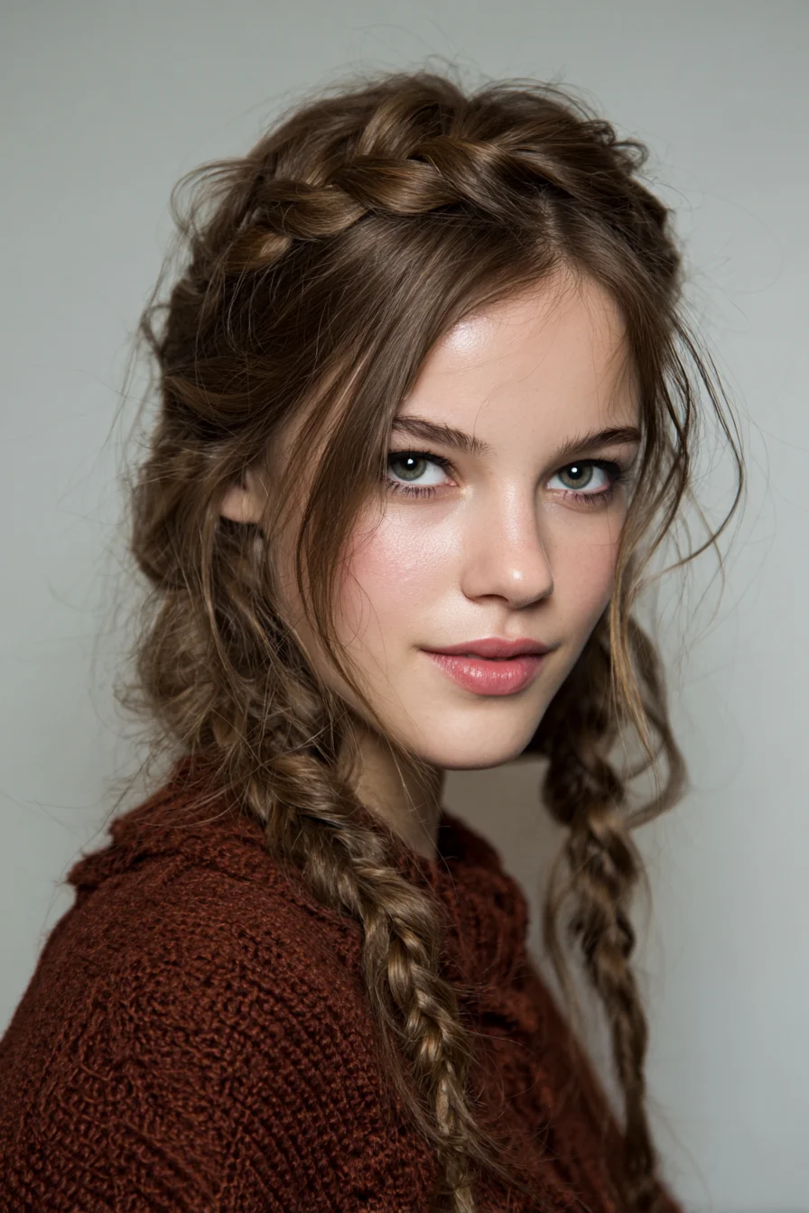 Boho Crown Braid with Face-Framing Double Braids for Long Textured Hair