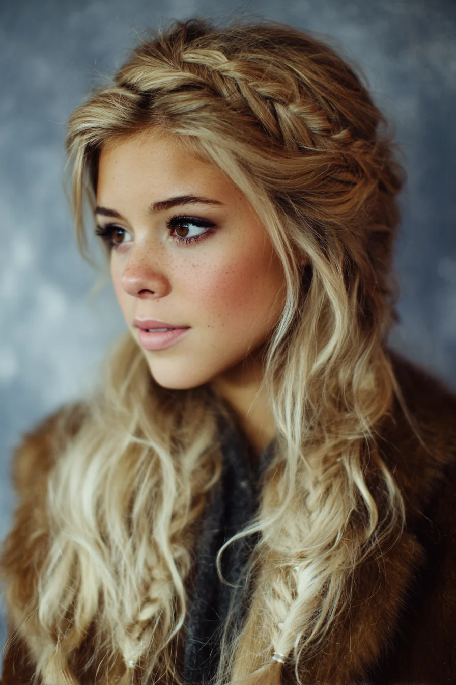 Boho Crown Braid with Loose Beach Waves and Fishtail Ends