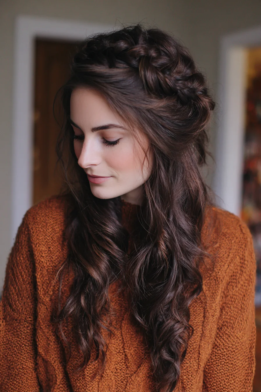 Boho Half-Up Crown Braid with Loose Textured Waves