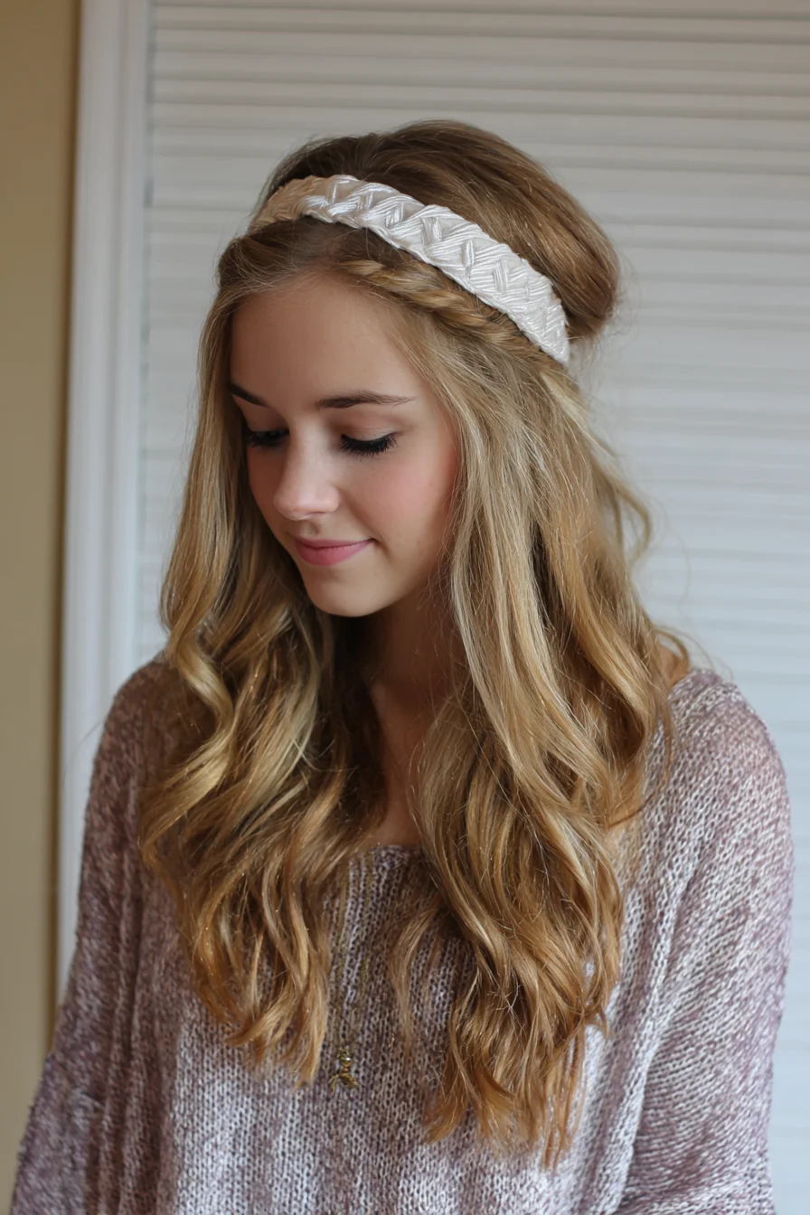 Boho Headband with Loose Beach Waves and Micro Braid