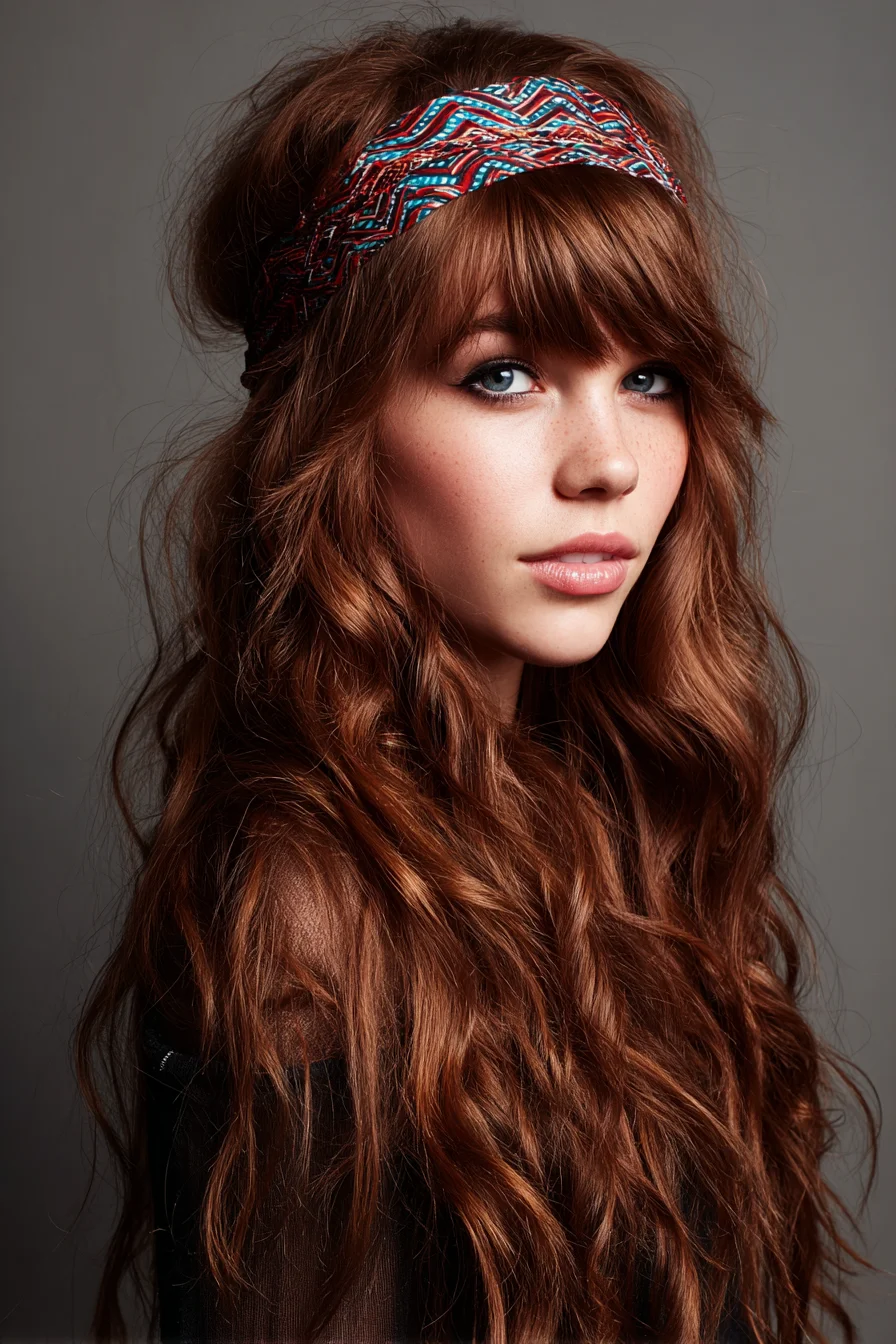 Boho Textured Waves with Curtain Bangs and Headband — Long Layered Style